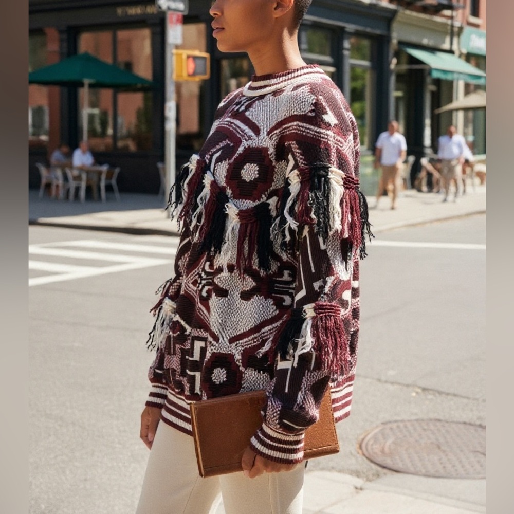 Zara Fringe Knit Sweater with Geometric Pattern - Picture 4 of 5
